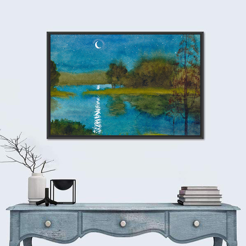 Moonlit River Watercolor Landscape Canvas Wall Art