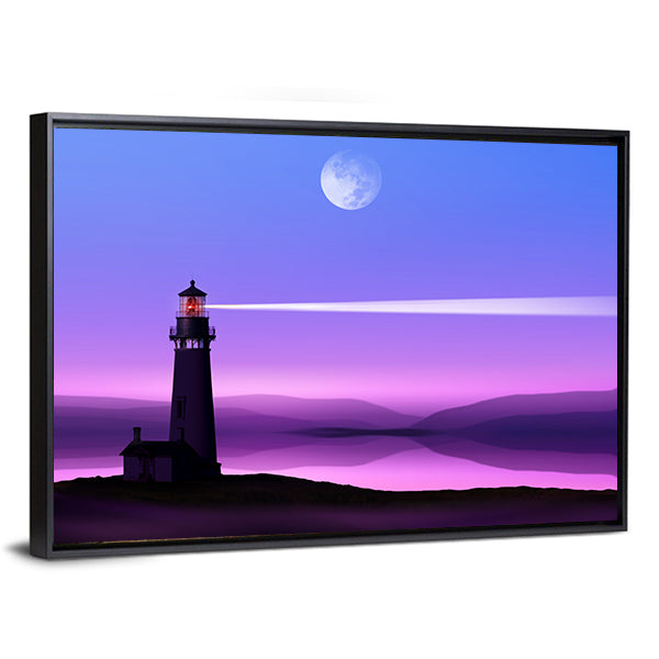 Moonlit Lighthouse Silhouette Canvas Wall Art in black, blue and purple, framed canvas, product view on a white background