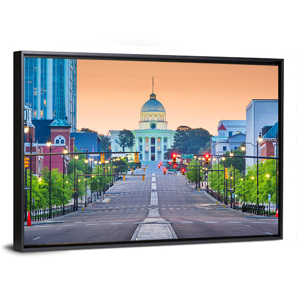 Montgomery State Capitol at Dawn Canvas Wall Art in gray, orange and blue, framed canvas, product view on a white background