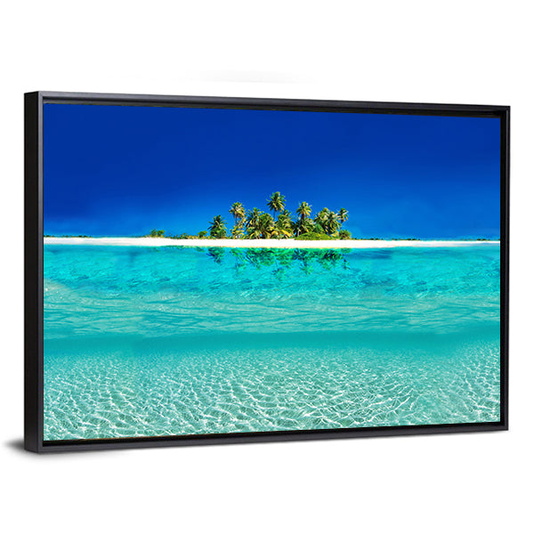 Tropical Island Reflection on the Sea Canvas Wall Art in white and blue, framed canvas, product view on a white background
