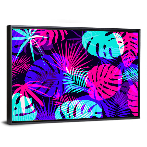 Neon Tropical Leaves Pattern Canvas Wall Art