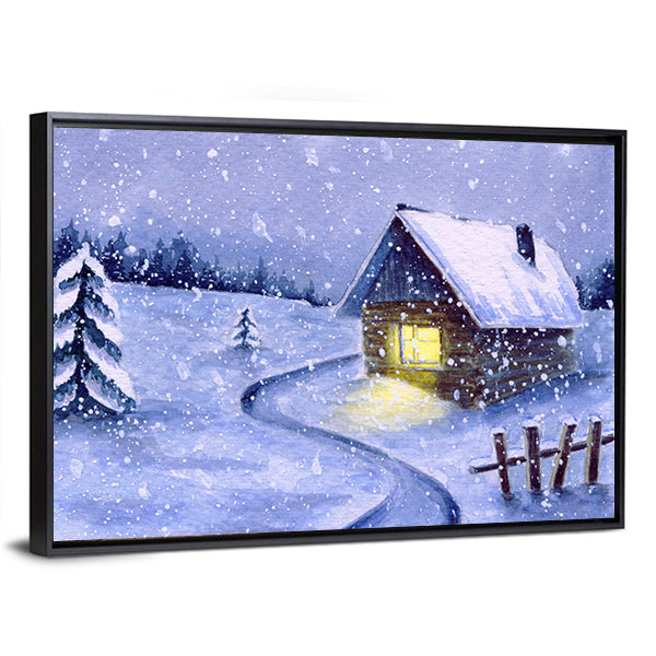 Snowy Cabin with Winding Path Canvas Wall Art