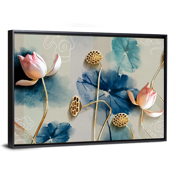 Lotus Garden Illustration with Gold Accents Canvas Wall Art