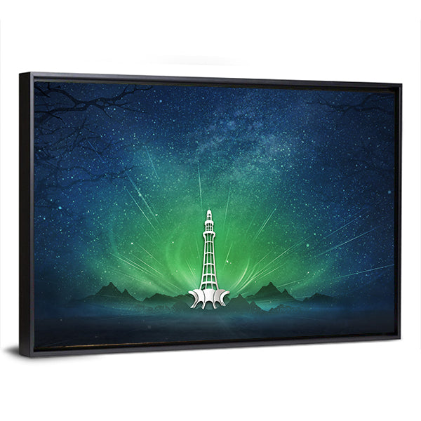 Minar-e-pakistan Aurora Nightscape Canvas Wall Art in black, green and blue, framed canvas, product view on a white background