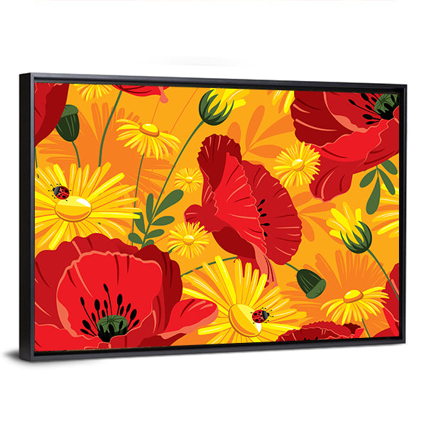 Poppies and Daisies with Ladybugs Canvas Wall Art in red, orange and yellow, framed canvas, product view on a white background