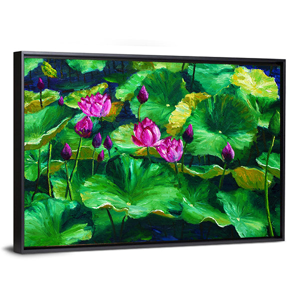 Lotus Flowers Oil Painting Canvas Wall Art in green, blue and pink, framed canvas, product view on a white background