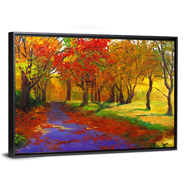 Maple Forest Path in Autumn Canvas Wall Art in red, orange and yellow, framed canvas, product view on a white background