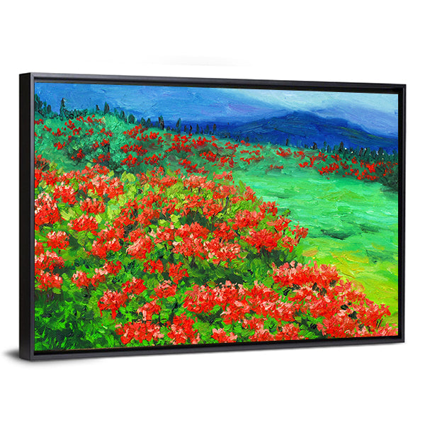 Oil Painted Wildflower Field Canvas Wall Art in red, green and blue, framed canvas, product view on a white background