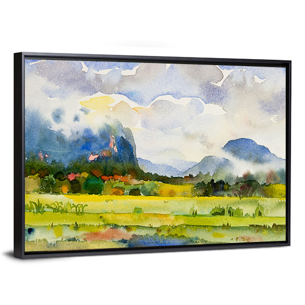 Watercolor Countryside Meadow Canvas Wall Art in yellow, green and blue, framed canvas, product view on a white background