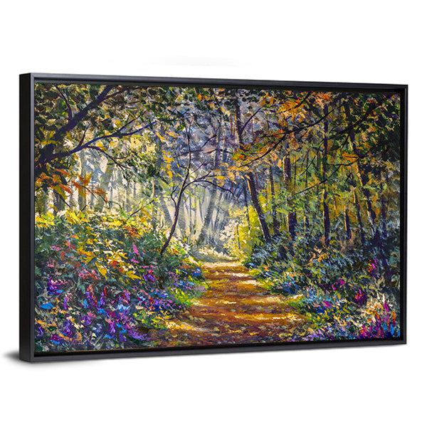 Sunlit Forest Path with Wildflowers Canvas Wall Art in yellow, green and purple, framed canvas, product view on a white background