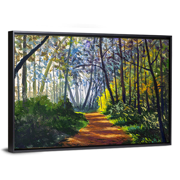 Sunlit Forest Path in Park Canvas Wall Art in brown, yellow and green, framed canvas, product view on a white background