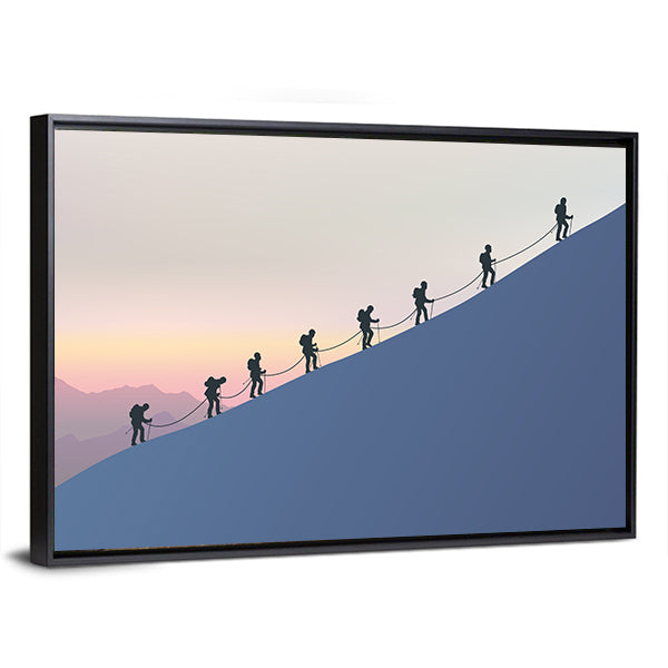 Roped Mountaineers on Slanted Blue Slope Canvas Wall Art in black, white and blue, framed canvas, product view on a white background