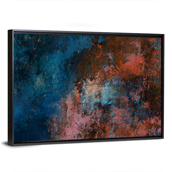 Blue to Copper Abstract Brushstrokes Canvas Wall Art in brown, orange and blue, framed canvas, product view on a white background