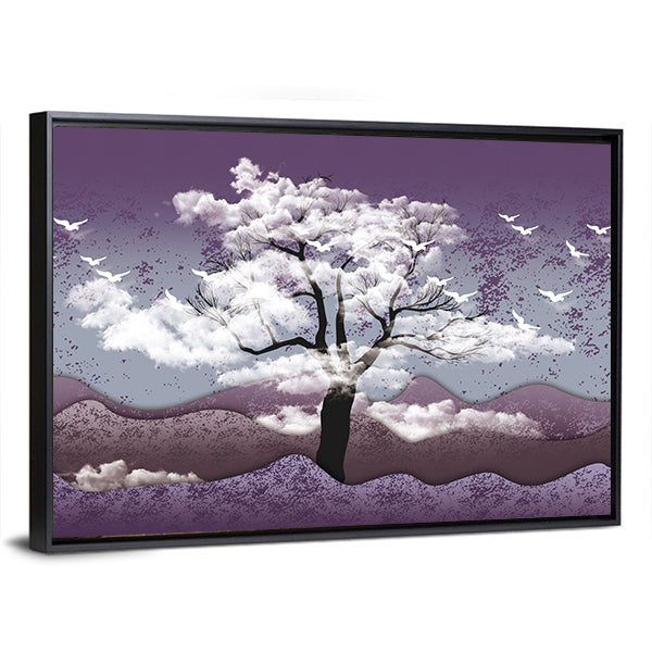 Cloud-leaf Tree Over Misty Lavender Hills Canvas Wall Art in white, gray and purple, framed canvas, product view on a white background