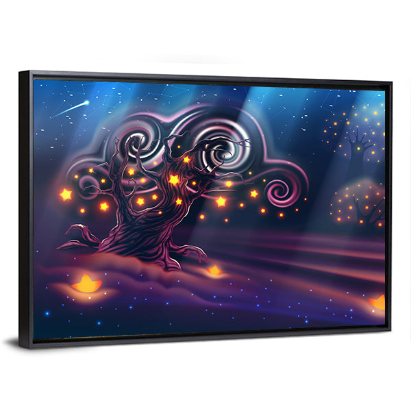 Magical Forest Under a Full Moon Canvas Wall Art in blue and purple, framed canvas, product view on a white background