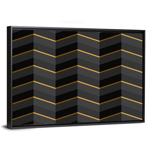 Black and Gold Striped Geometric Canvas Wall Art in black, gray and gold, framed canvas, product view on a white background