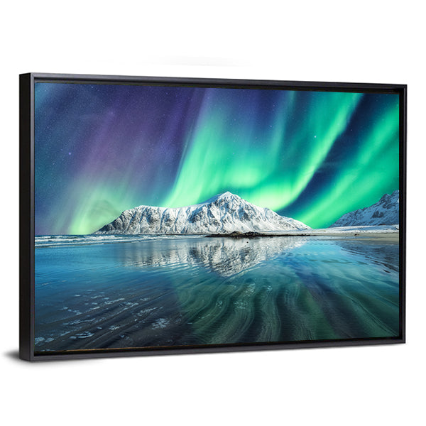 Northern Lights On Snowy Mountain In Lofoten Islands Canvas Wall Art