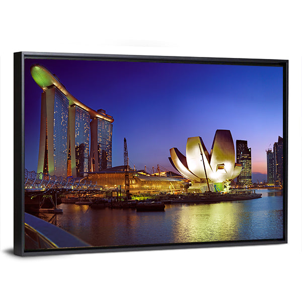 Singapore Skyline at Twilight Canvas Wall Art in yellow, blue and purple, framed canvas, product view on a white background