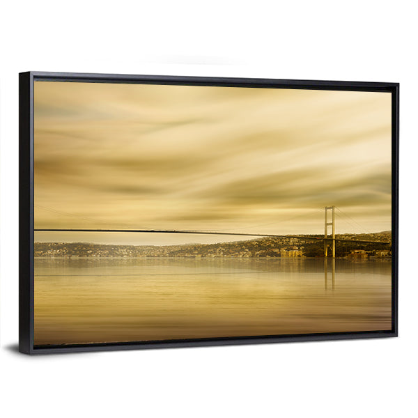 Bosphorus Bridge In Istanbul Canvas Wall Art in beige, brown and gold, framed canvas, product view on a white background