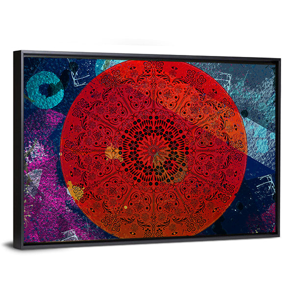 Intricate Red Mandala with Teal Accent Canvas Wall Art in red, blue and purple, framed canvas, product view on a white background