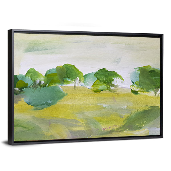Summer Oil Painting Artwork Canvas Wall Art in beige, yellow and green, framed canvas, product view on a white background