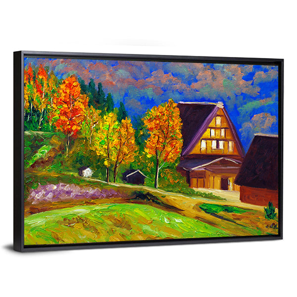 Autumn Gassho-zukuri Village with Glowing Windows Canvas Wall Art in orange, green and blue, framed canvas, product view on a white background