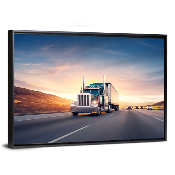 American Style Truck On Freeway Pulling Load Canvas Wall Art