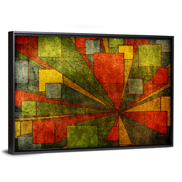 Grunge Geometric Radial Abstract Canvas Wall Art in red, yellow and green, framed canvas, product view on a white background