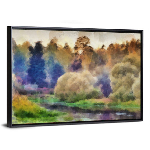 Autumn Watercolor Forest with River Canvas Wall Art
