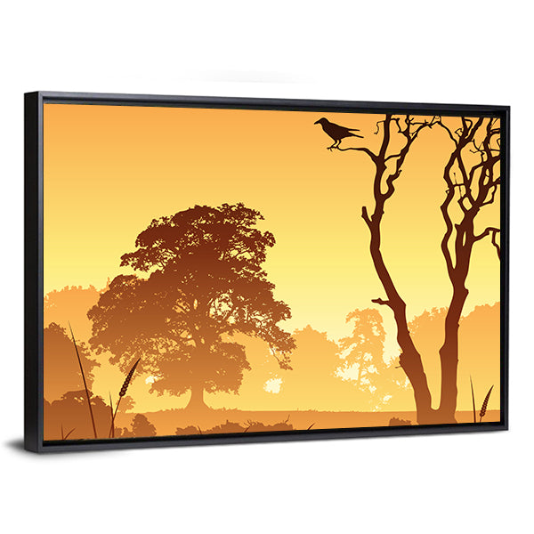 Country Meadow Landscape With Trees And Bird Canvas Wall Art