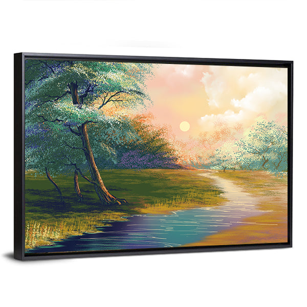 River In Spring Forest Sunset Canvas Wall Art