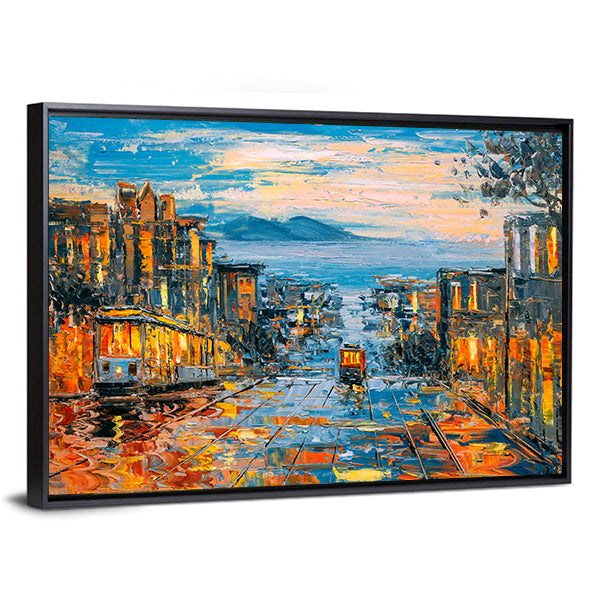 San Francisco Cable Cars on Rain-soaked Street Canvas Wall Art
