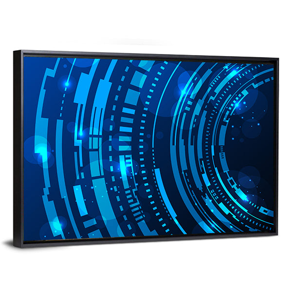 Futuristic Blue Concentric Rings Canvas Wall Art in blue and navy, framed canvas, product view on a white background