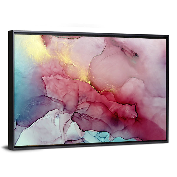 Splash Of Fluid Artwork Canvas Wall Art in gold, blue and pink, framed canvas, product view on a white background