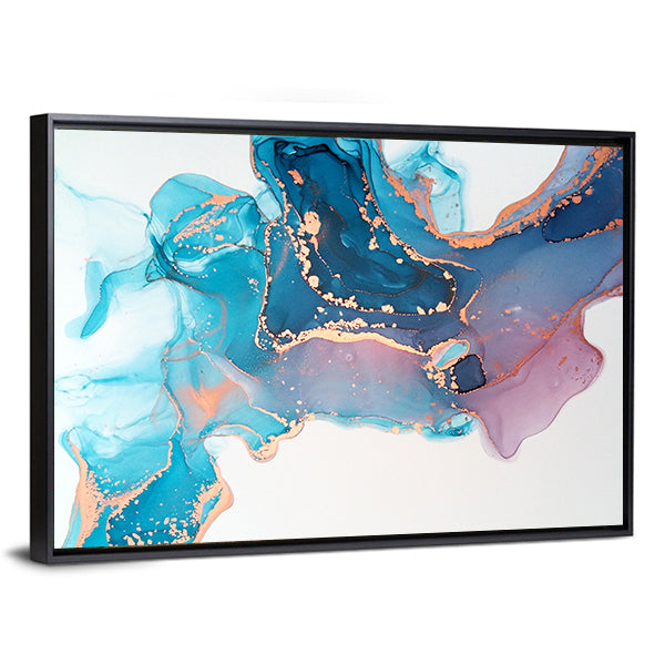 Waterfall Of Fluid Inks Canvas Wall Art in white, gold and blue, framed canvas, product view on a white background