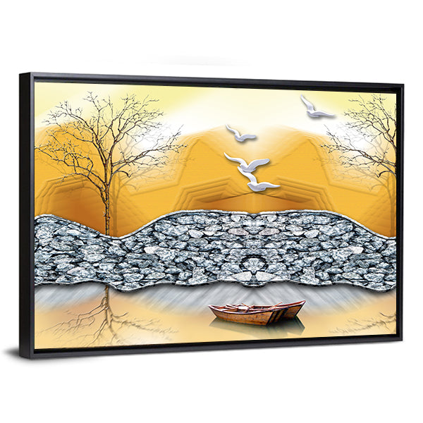 3d Lake Illustration with Boat Canvas Wall Art