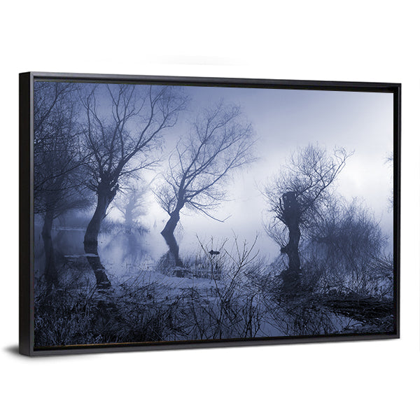 Spooky Dark Forest Canvas Wall Art in black, gray and blue, framed canvas, product view on a white background