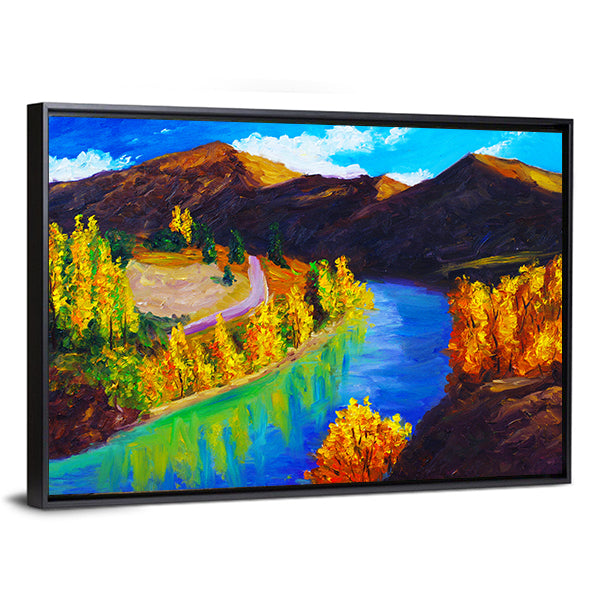 Autumn River Oil Painting Canvas Wall Art in orange, yellow and blue, framed canvas, product view on a white background