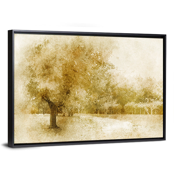 Sepia Autumn Park with Lone Tree Canvas Wall Art