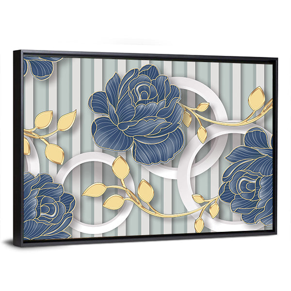 Abstract Blue Roses with Gold Leaves and Rings Canvas Wall Art