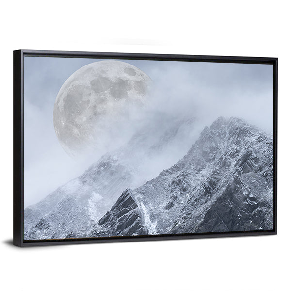 Supermoon Above Mountain Range Canvas Wall Art in white, gray and blue, framed canvas, product view on a white background