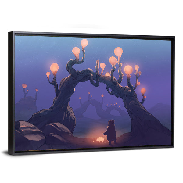Surreal Jungle with Cloaked Figure Canvas Wall Art