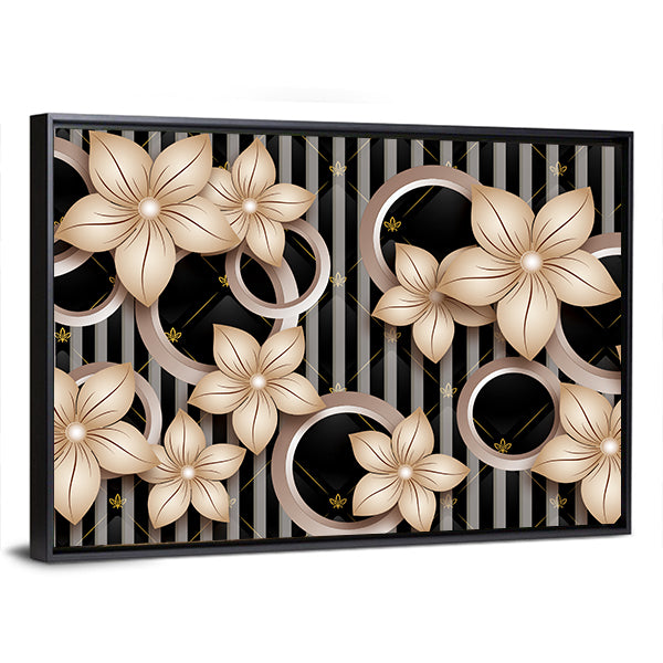 Modern Abstract Floral with Gold Accents Canvas Wall Art in black, beige and gold, framed canvas, product view on a white background