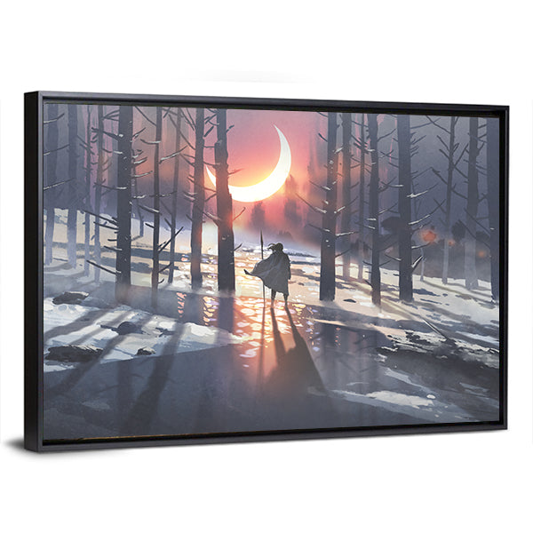 Cloaked Figure in Winter Forest Canvas Wall Art