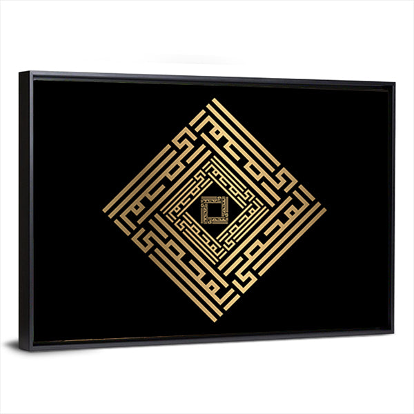 Al-muhshii Islamic Calligraphy in Gold Canvas Wall Art in black and gold, framed canvas, product view on a white background