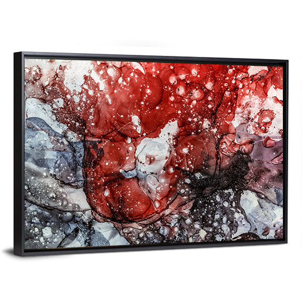 Textured Red Fluid Abstract Canvas Wall Art in black, gray and red, framed canvas, product view on a white background