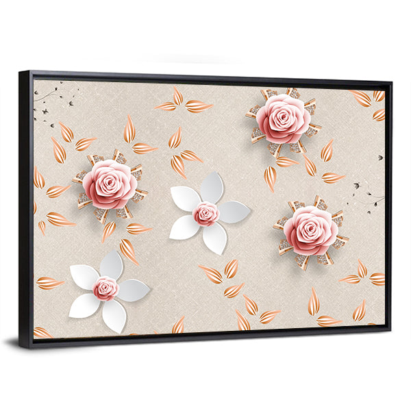 3d Stylized Pink Roses and White Flowers Canvas Wall Art