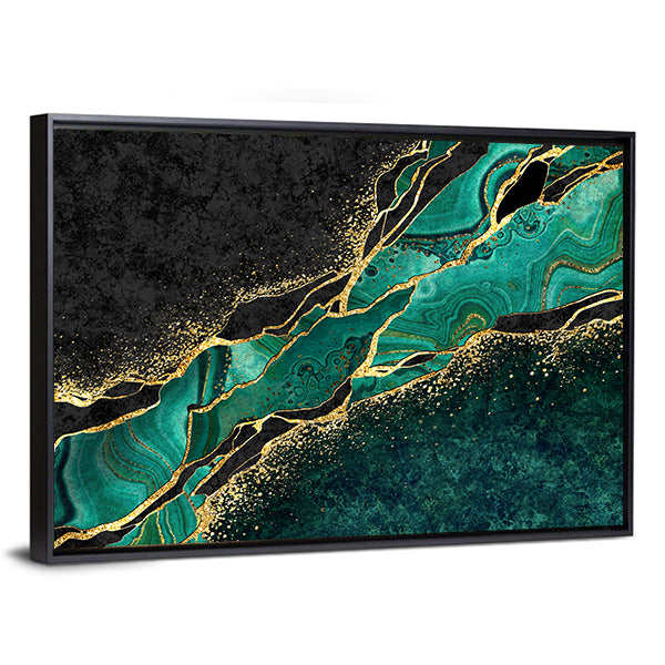 Teal Malachite Geode with Gold Veins Canvas Wall Art in black, gold and green, framed canvas, product view on a white background