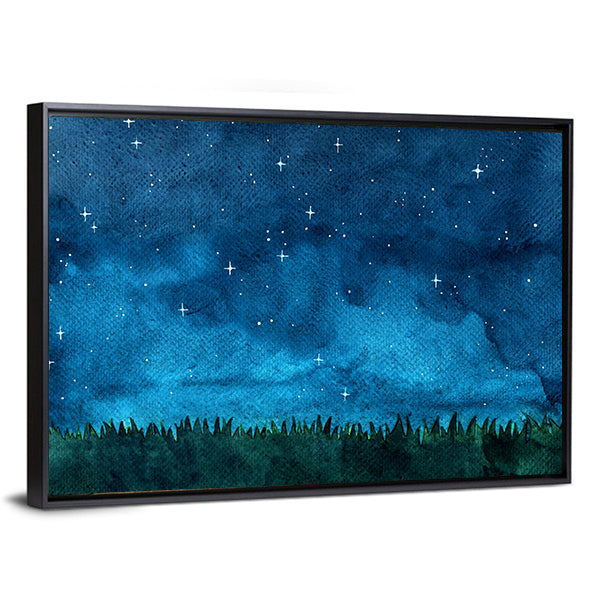 Grass Meadow With Night Sky Canvas Wall Art
