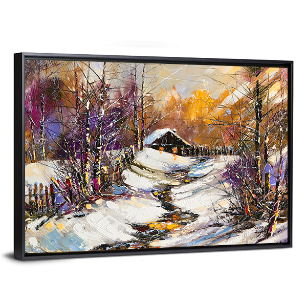 Rural Winter Landscape with Cabin Canvas Wall Art